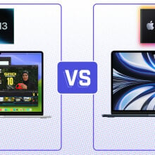  The image depicts a comparison between two Apple MacBook computers, differentiated by their processors, the M3 and the M2. On the left, there is a MacBook with a colorful display showing various multimedia editing timelines, representing the M3 chip, which is also shown above the laptop. On the right, there is a MacBook displaying a swirling blue abstract design, representing the M2 chip, with its icon displayed above. Centered between the two laptops is a blue "VS" symbol, indicating a versus comparison. The background is a light pattern with purple accents around the laptops and chip icons.