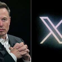 A composite of Elon Musk next to the X logo.