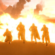 four 3d models of soldiers stand in front of an explosion