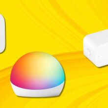 Amazon smart home devices agaisnt a yellow abstract background