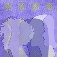 Illustration of multiple women, on a purple backdrop. 