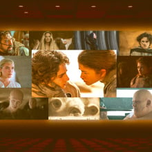 A series of images from "Dune: Part Two" on a movie screen.