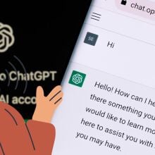 Illustration of talking woman and the ChatGPT app