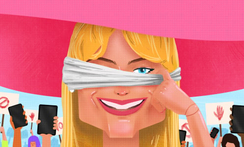A caricature of Margot Robbie as Barbie peeks around a blindfold. Behind her is a crowd holding up protest signs and cellphones.