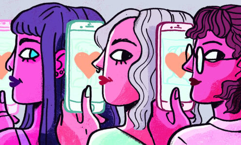 three femme people smiling looking at phones with hearts on them