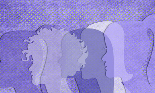 Illustration of multiple women, on a purple backdrop. 