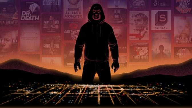 A masked figure stands over a glittery city at night. Behind him is a mural of true crime podcast posters. 