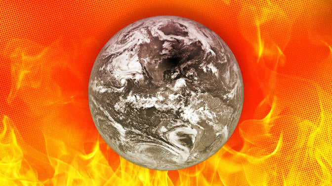 A black and white Earth with a fire background.