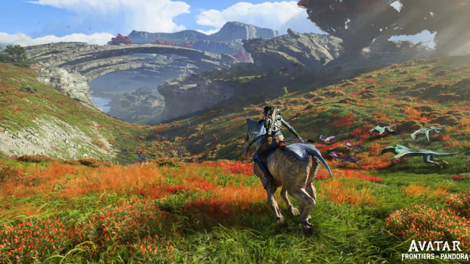 screenshot of Blue Na'vi riding a direhouse in a wideshot of scenic plains