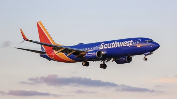 southwest airplane flying in the sky
