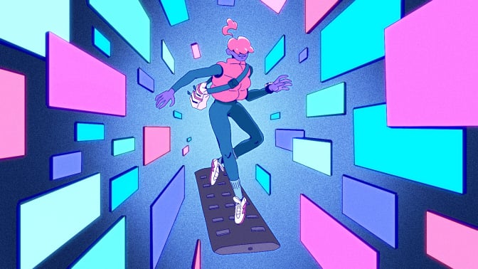 Blue, pink, and purple illustration of person surfing on a TV remote with TVs flying past in air