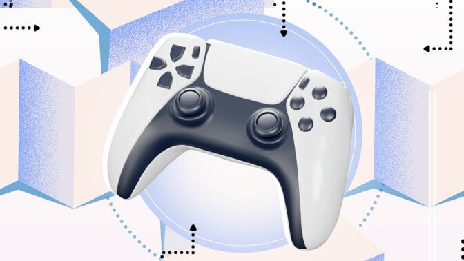 A playstation controller on a colorful pastel background