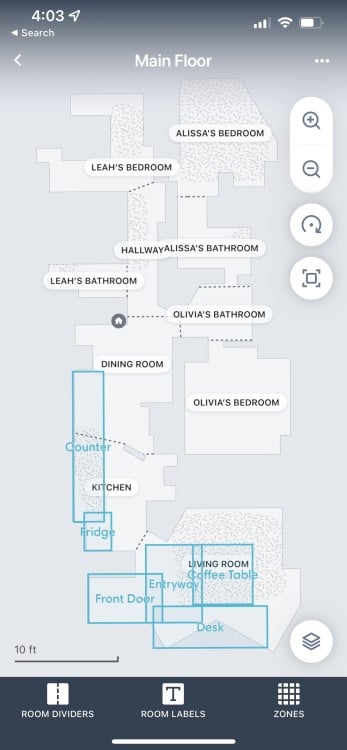 iRobot app with labeled map of apartment on screen