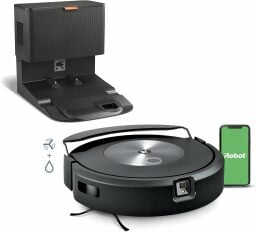 iRobot Roomba Combo j7+ robot vacuum with retractable mop lifted and smartphone on green iRobot screen with self-empty dock in background