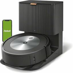 iRobot Roomba Combo j7+ robot vacuum on self-empty dock and smartphone on green iRobot screen