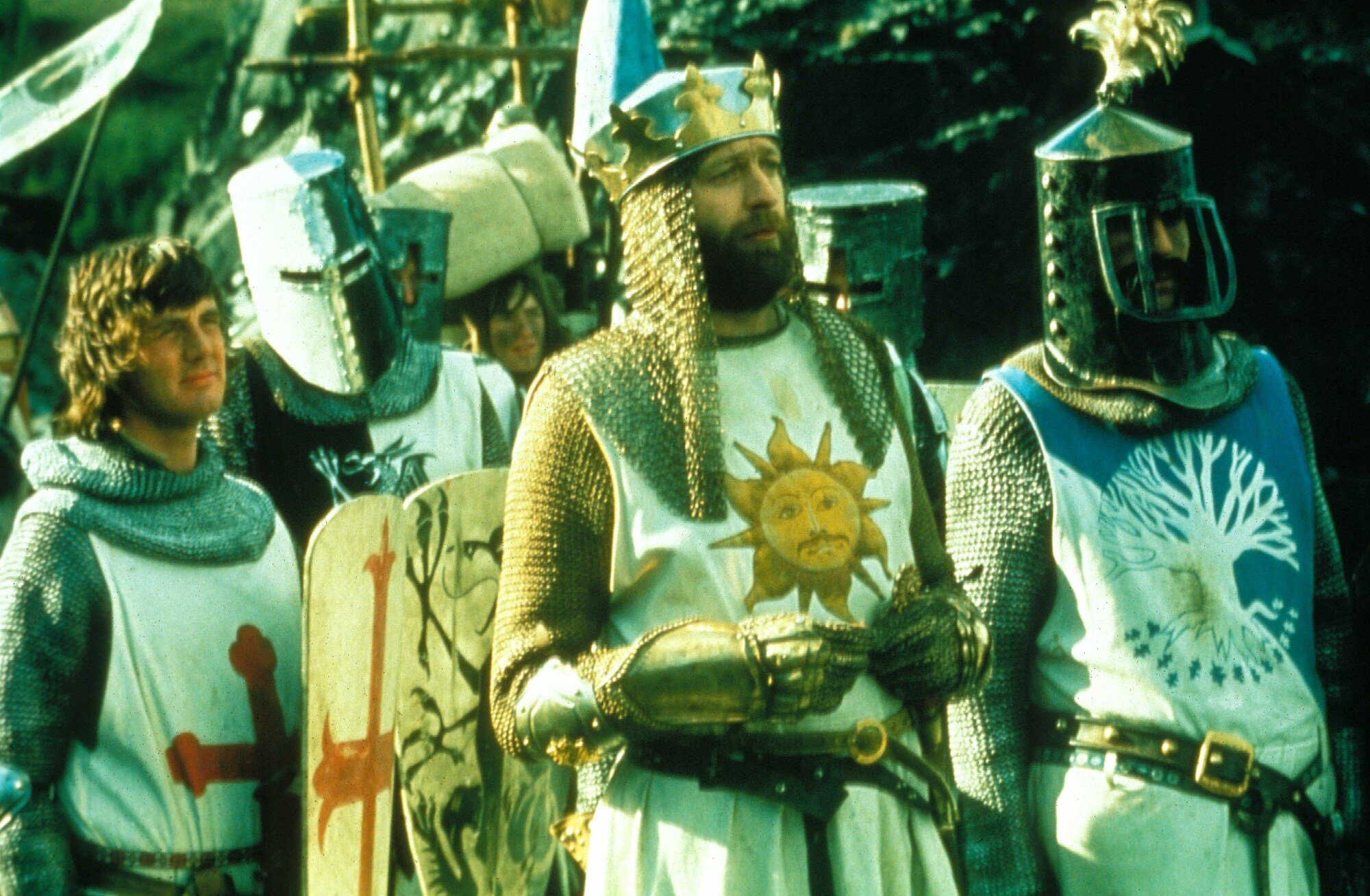 A group of knights stand in a group.
