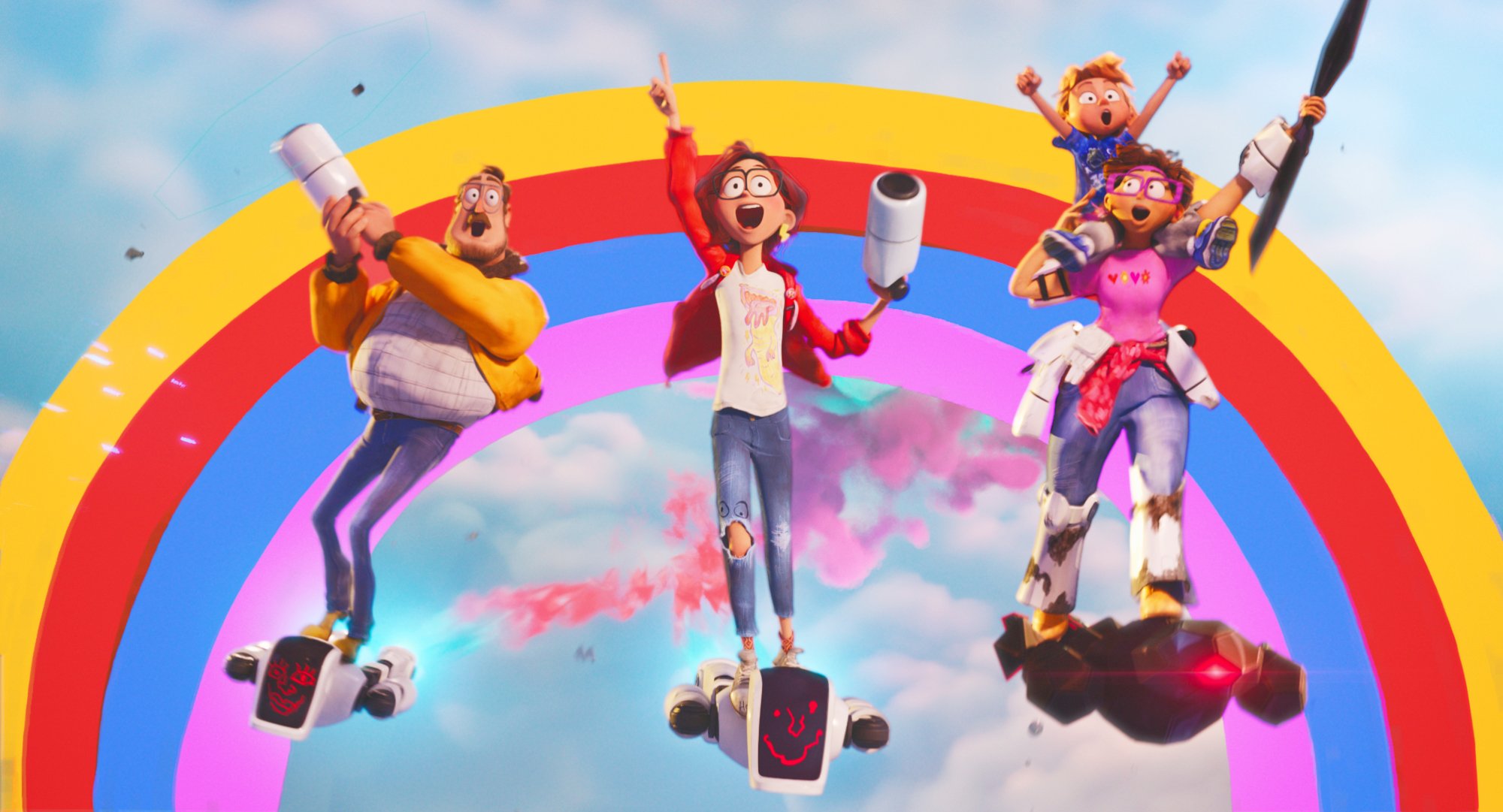 A family of four ride robots through the sky with a rainbow behind them.