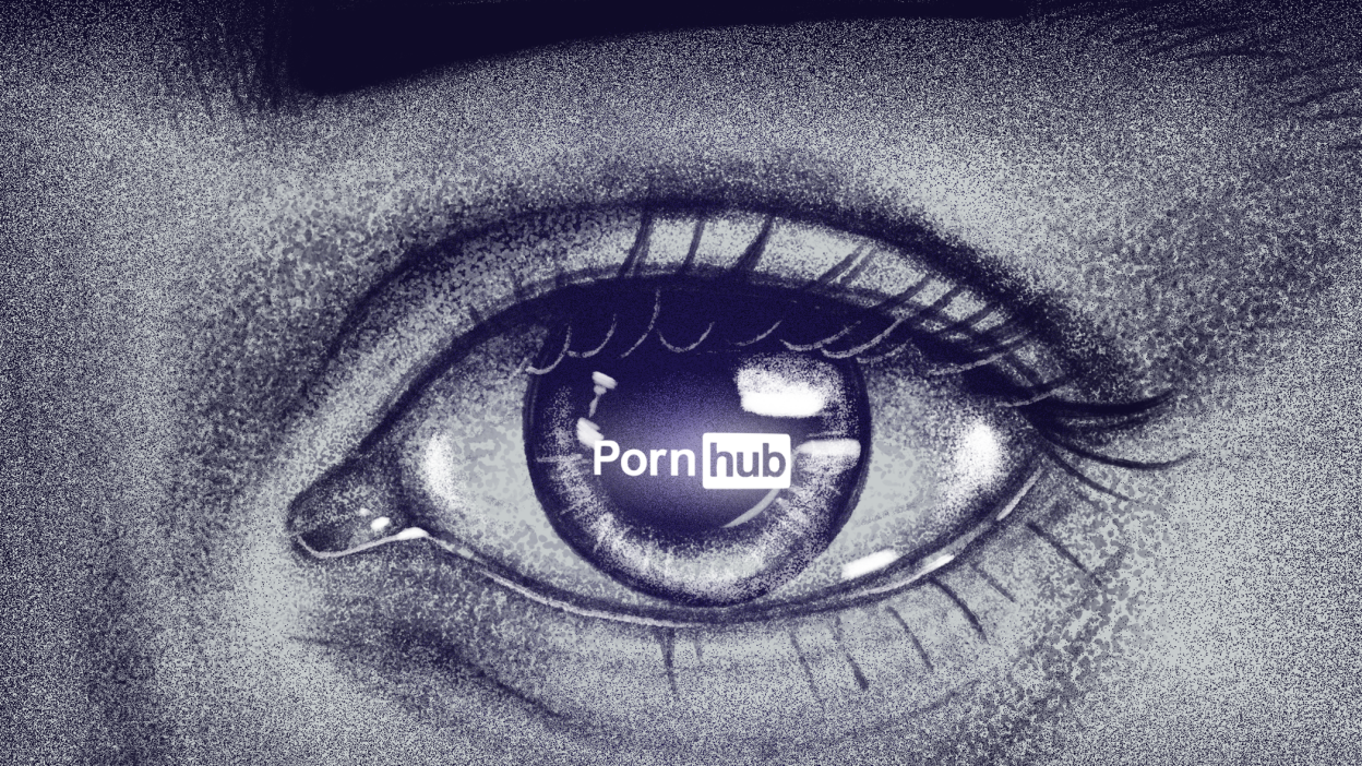 A black-and-white illustration of an eye with the 'Pornhub' logo reflected in it.