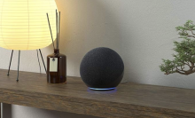 The 4th gen Echo standing on a table surrounded by a bonsai, a lamp, and some incense sticks.