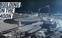 A render of an astronaut overseeing a building being 3-D printed on the moon surface. Caption reads "Building on the moon."