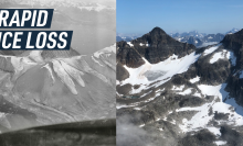 A split-screen shows an aerial photograph of a Greenland glacier in the 1930's, next to one from 2023, making the loss of ice in the region particularly visible. Caption reads "Rapid ice loss"