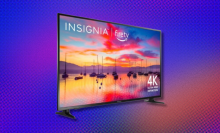 The Insignia 55-inch Smart Fire TV overlaid on a purplish background.