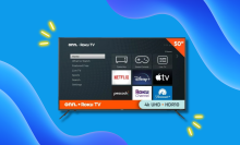 onn. 4K TV with streaming apps on screen on blue background with neon yellow graphics