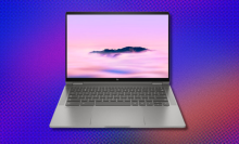 an hp chromebook plus in front of a purple, blue, and orange abstract background
