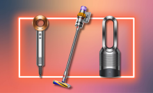 Dyson hair dryer, cordless vacuum, and tower fan with neon orange rectangle and colorful fade in background
