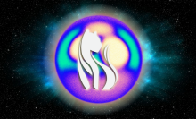 celestial orb with lioness logo, a white lioness, in the middle
