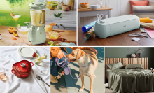 Sage green frozen drink maker, blue craft machine, red heart-shaped cast iron dish, dog wearing purple collar and person holding leash, bed with green bed sheets
