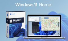 A computer running the Microsoft Windows 11 Home software, with its accompanying packaging nearby, as well as the words "Windows 11 Home"