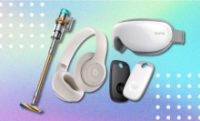Dyson vacuum, Beats headphones, heated eye massager, and Bluetooth tracker on pastel blue, purple, and green background