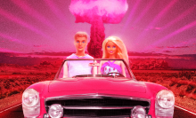 Ken and Barbie driving away from an atomic bomb.