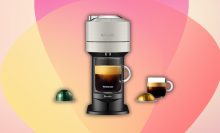Nespresso machine, coffee mugs and pods