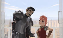 A screenshot of Ballister Boldheart and Nimona looking at each other in "Nimona."