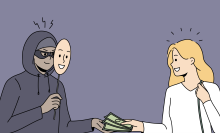 an untrustworthy man in a disguise accepts money from a smiling woman