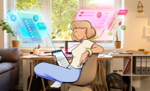 An illustration of a woman sitting in a chair using futuristic screens to do work.