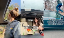 screenshots of tiktoks. left: woman sticking her head out of sunroof with caption "making sure the coast is clear for the thirsty hamster. iykyk."; middle: woman in car; right: woman on top of car