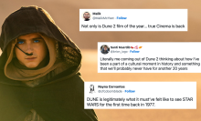 Timothee Chalamet as Paul in Dune: Part Two. Next to him are screenshots of tweets embedded in this article