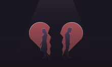 broken red heart with man and woman in the halves moving in opposite directions