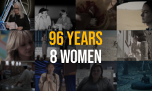 a collage of the female directors and the films that got them Best Director nominations. Caption reads: 96 years (in yellow font), 8 women (in white)