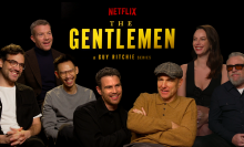  A collage of 'The Gentlemen' cast sat against a black backdrop featuring the film's title.