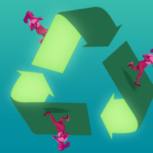 An illustration of a recycling symbol with people walking on top of it.