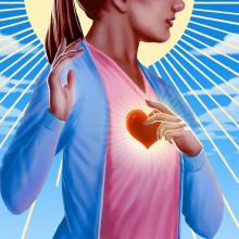 An illustration of a woman holding a hand to a radiant heart on her chest, reminicent of Catholic images of the Virgin Mary.