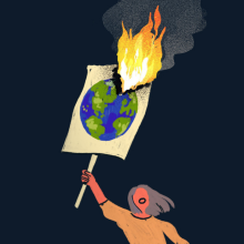 An illustration of a person holding a burning protest sign.