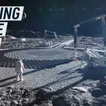 A render of an astronaut overseeing a building being 3-D printed on the moon surface. Caption reads "Building on the moon."
