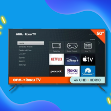 onn. 4K TV with streaming apps on screen on blue background with neon yellow graphics