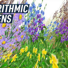 A colourful render shows an illustrated POV of a pollinator as it flows through a garden patch. Caption reads "Algorithmic gardens/"