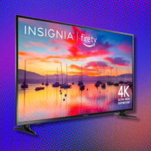 The Insignia 55-inch Smart Fire TV overlaid on a purplish background.